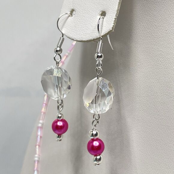 Artisan White Crystal Glass Pink Glass Pearl Seed Bead Necklace Earrings Set - Picture 3 of 10